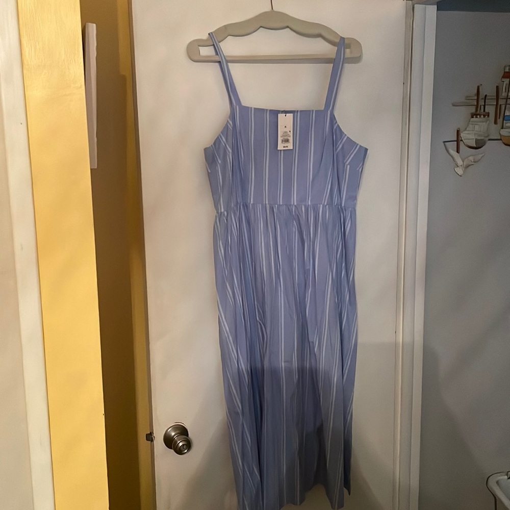Tea length blue and white stripe dress